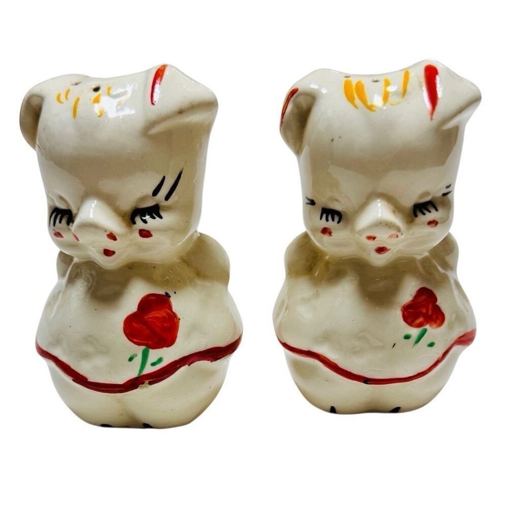 Shawnee Vintage American Bisque Flowered Rose PIG Salt And Pepper Shakers Set